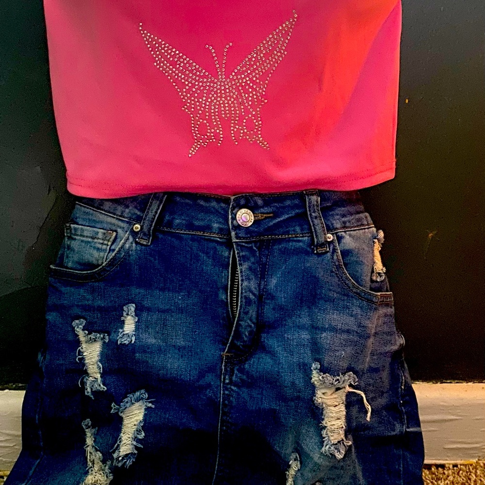 Strapless butterfly 🦋 shirt with ripped skirt jean size medium